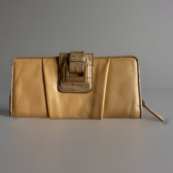 Brahmin Bifold Leather Wallet Clutch Beige Pebbled w/ Croc Embossed Trim Luxury - Picture 1 of 11